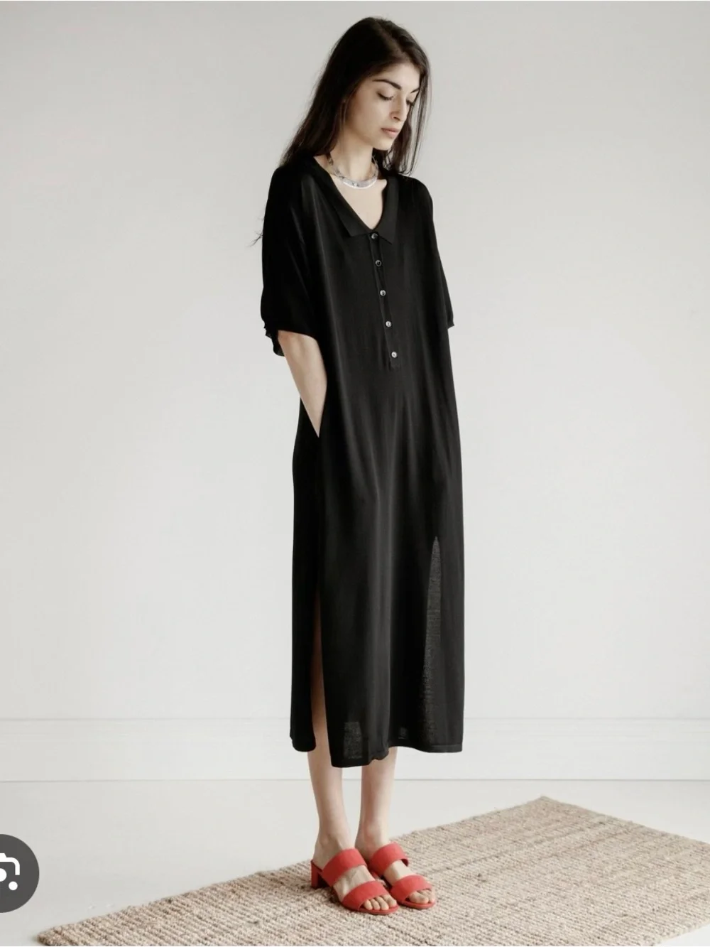 Totême Belize Knit Midi Polo Dress Black Collared Side Slit Oversized XS (s-m) - Picture 14 of 16